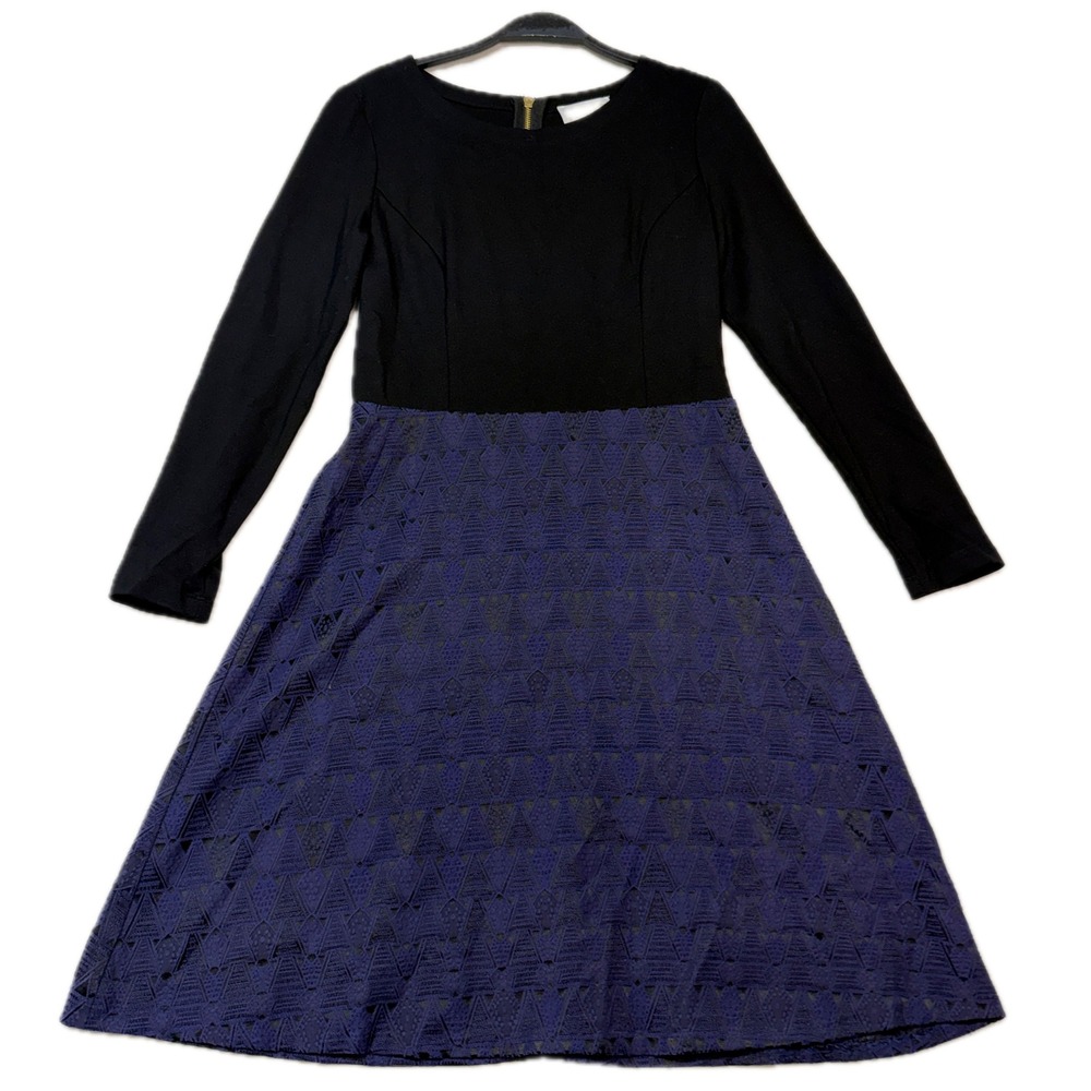 SAIL TO SABLE Mixed Media Dress Womens 4 Black Navy Blue Lace Long Sleeve Zip